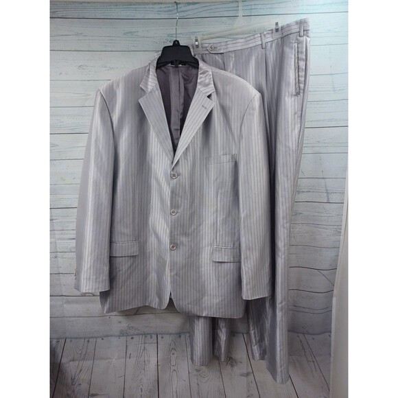 Tessori Oumo Mens Suit Set 2 Pc Silver Gray Pinstripe Blazer 52L Pants 47L 42x34 - Picture 1 of 8